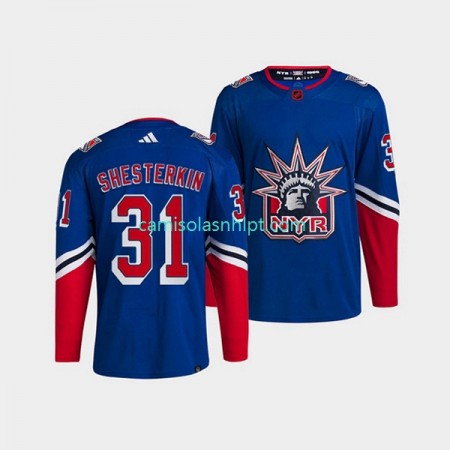 Camiseta New York Rangers Igor Shesterkin 31 Adidas 2022-2023 Reverse Retro Azul Authentic - Homem